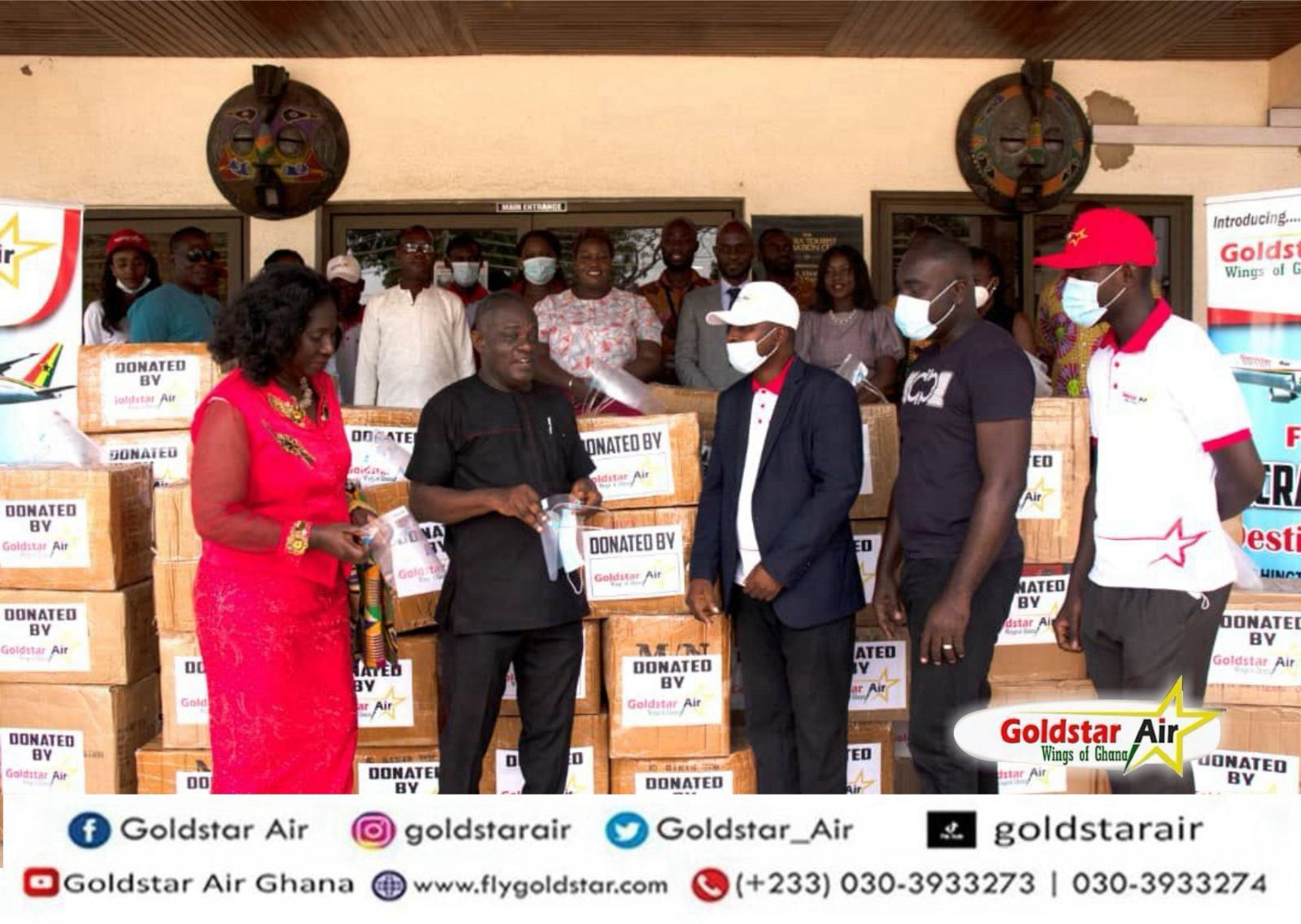 Officials of Goldstar Air lead by Mr George Naih (second from right), Edmund Lamptey (right), John Ashong-Mettle (middle) donated assorted items to the Ghana Tourism Authority as support for the Public Private Partnership forum aimed at promoting investment into tourism and hospitality sector and bridging the skills gap in the industry and Mr Isaac Asiam (second from right), the Director of Public Private Partnership of the Authority received the items on behalf of Mr Akwasi Agyeman, the Chief Executive Officer and Ambassador Nancy Sam (left).