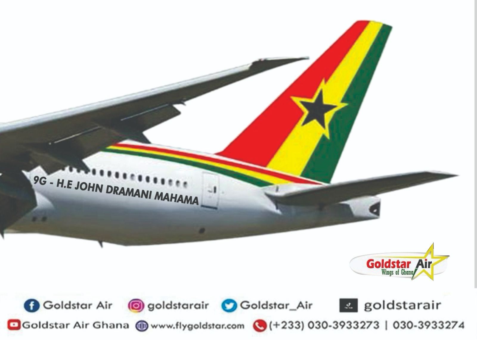 Goldstar Air emerges as a crucial player in transforming Ghana’s economic growth and development. The airline registration numbers or letters will indicate prominent sites and personalities as a way of honoring them and promoting tourism. The naming pattern which will be on the Ghana registry will feature designations like 9G-H.E John Dramani Mahama, 9G-H.M Otumfuo Osei Tutu II, 9G-H.E George Manneh Weah, 9G-H.E Sheikh Osman Nuhu Sharubutu, 9G-H.M Abdulai Jinapor II, 9G-Dr Kwame Nkrumah, 9G-Tetteh Quarshie and others.